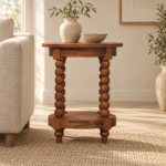 Spindle Round Side Table — Golden Teak — styled interior