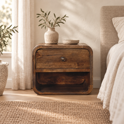 Lina Rounded One-Drawer Bedside — Classic Grey — styled interior