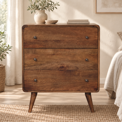 Lina Curve Edge Three-Drawer Chest — Classic Grey — styled interior
