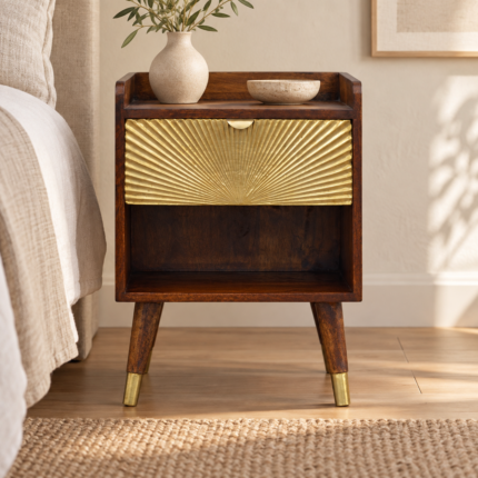 Mila Gold One Drawer Bedside — Chestnut — styled interior