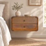 Lina Floating Curved Bedside — Chestnut — styled interior