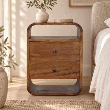 Lina Curve Two-Drawer Bedside — Chestnut — styled interior