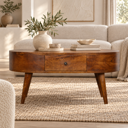 Lina Rounded Coffee Table — Chestnut — styled interior